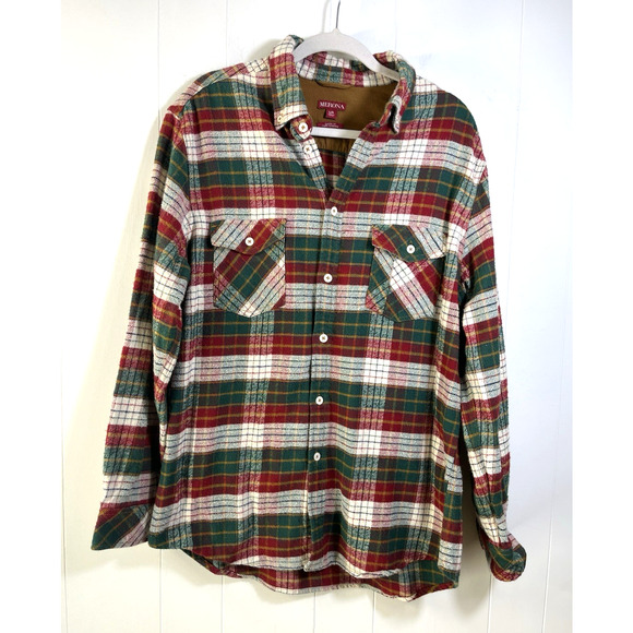 Merona Flannel Shirt Shacket Elbow Patches Red Plaid Western Holiday Size Large - Picture 1 of 11
